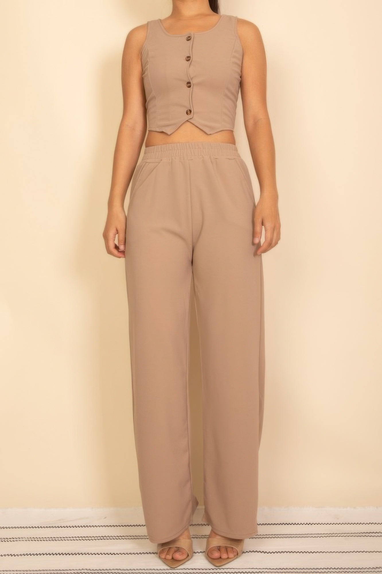 Scoop neck button vest & wide-leg pants set, taupe/beige color, front view