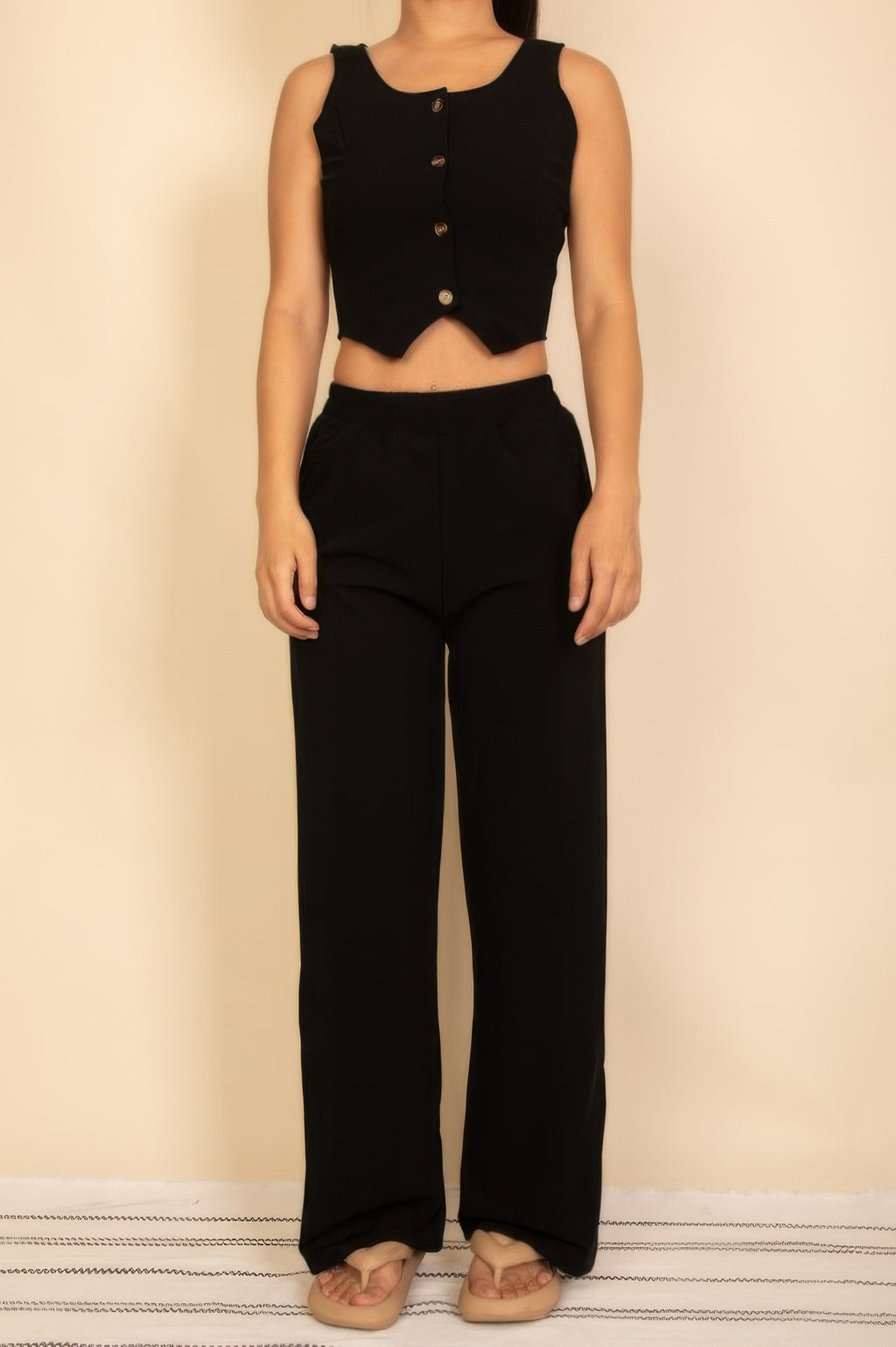 Scoop neck button vest & wide-leg pants set, black color, front view