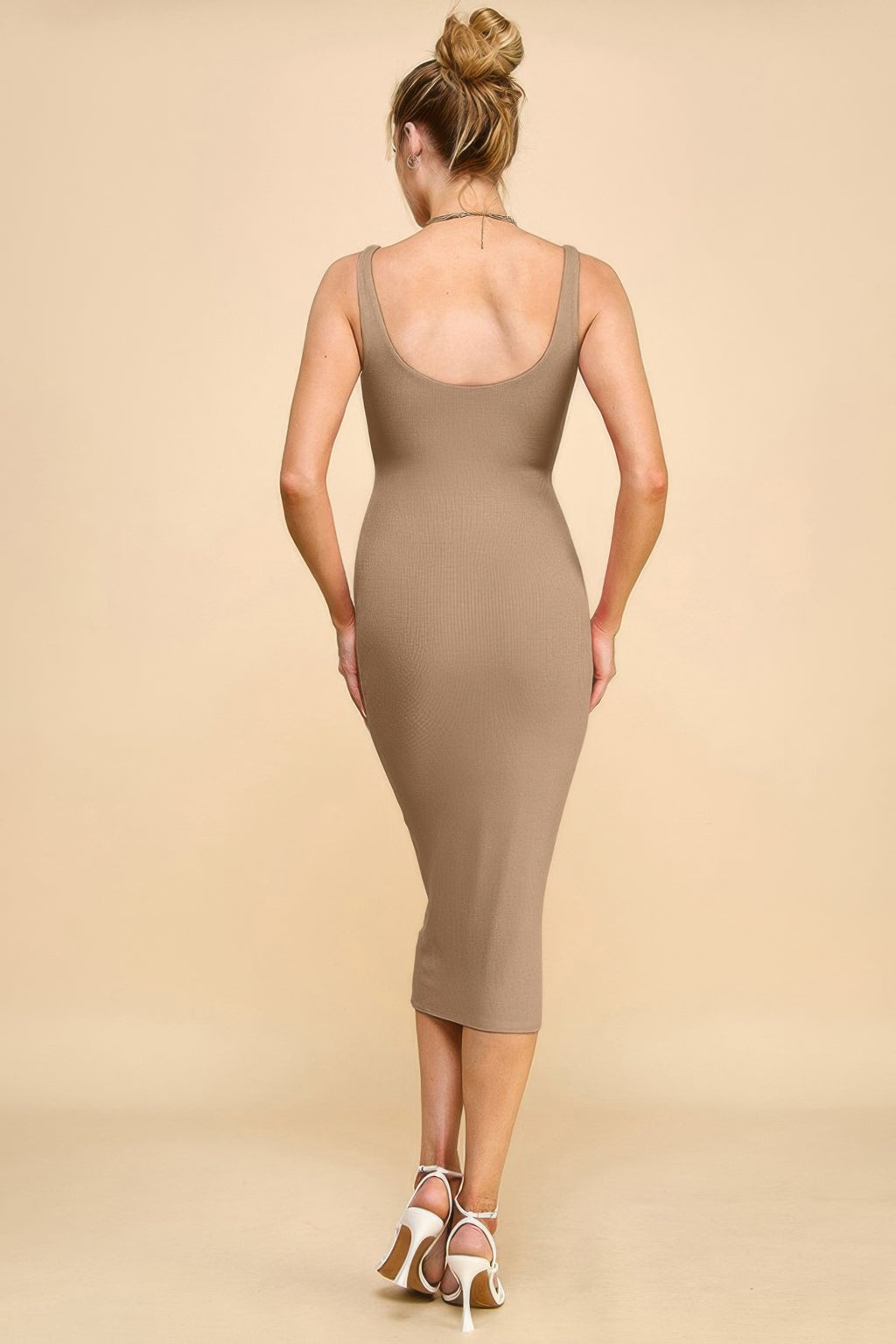 Back view truffle lite scoop-neck rib tank dress, sleeveless fitted midi