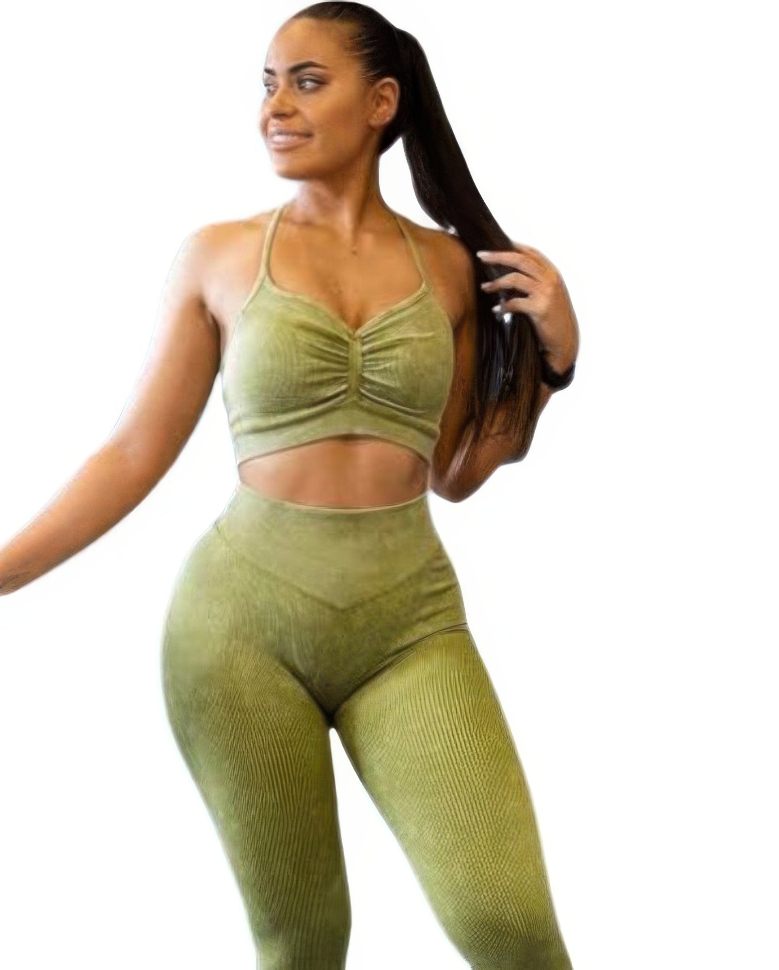 Sculpting Yoga Set: olive ruched sports bra and high-waist leggings