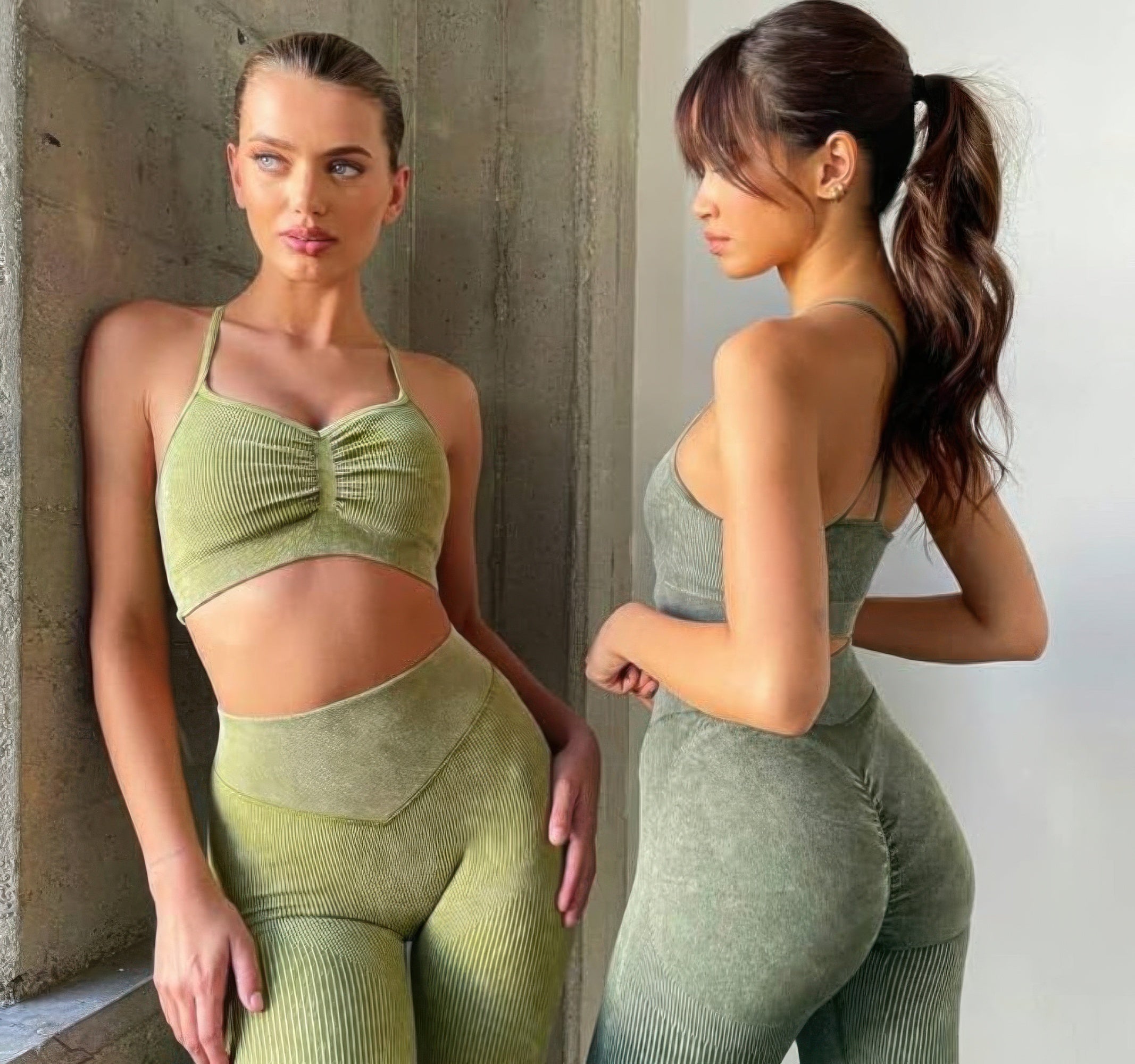 Olive yoga set with strappy ruched sports bra and high-rise leggings, side view