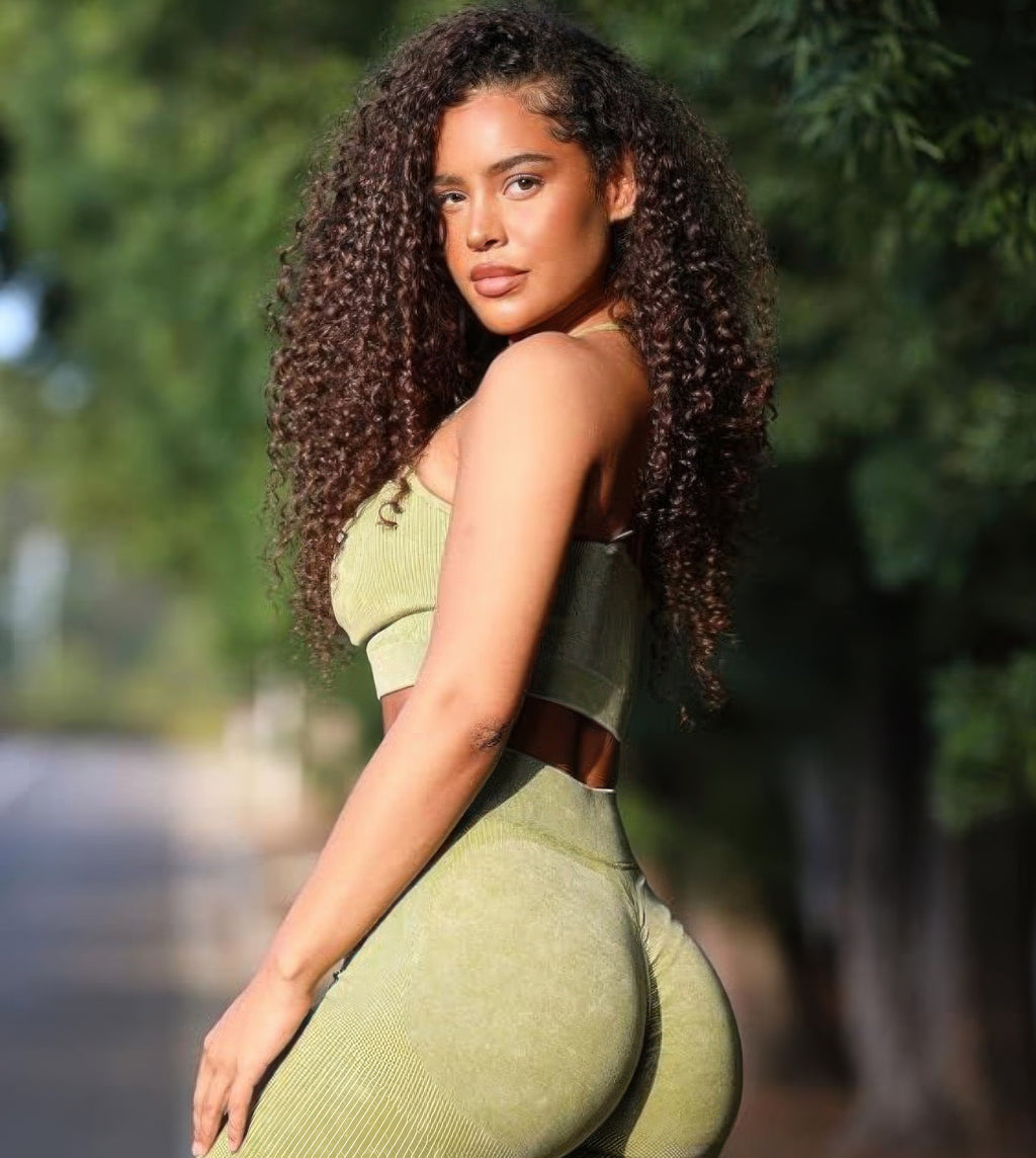 Olive yoga set with ribbed look sports bra and matching high-waist leggings