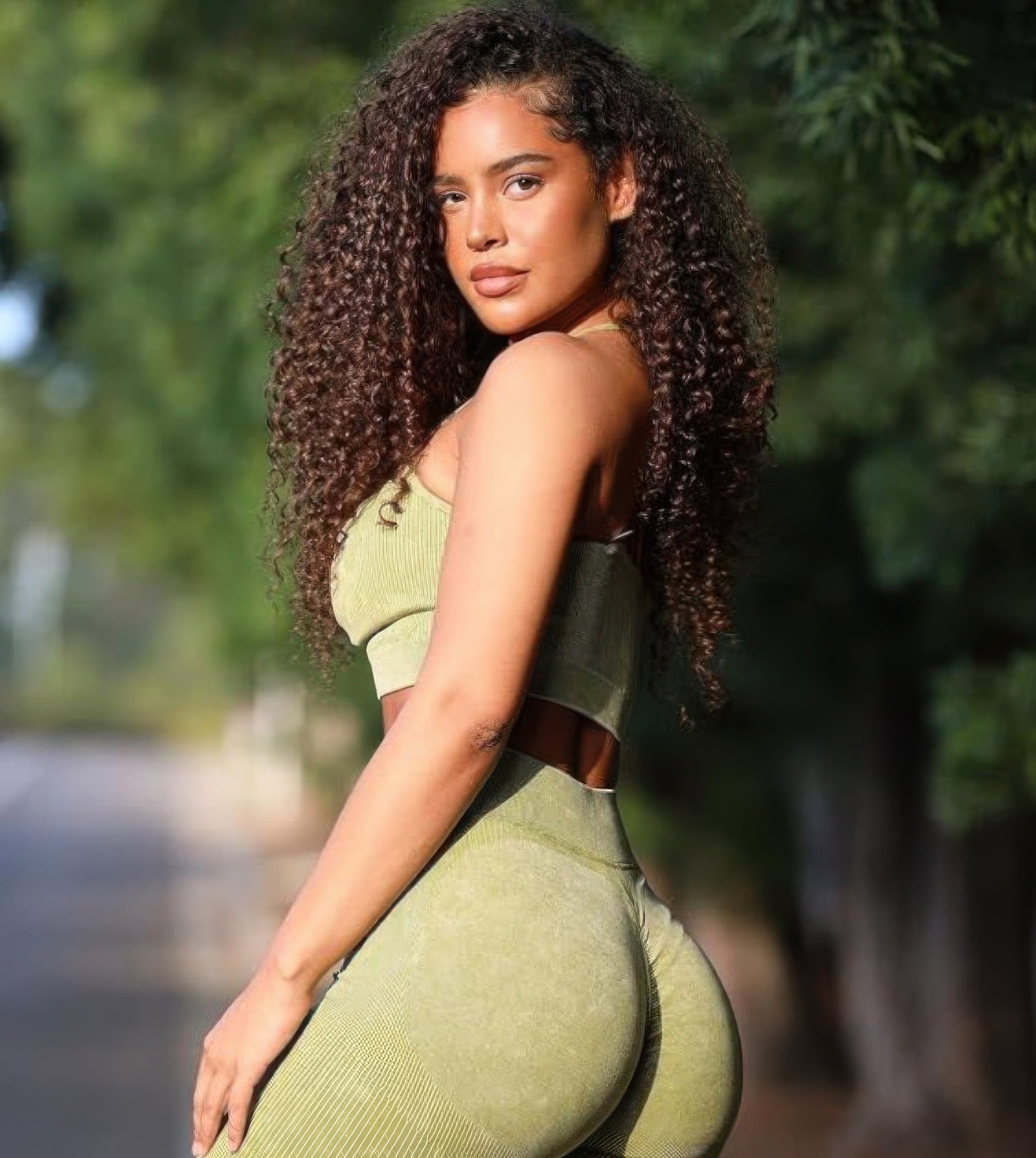 Olive yoga set with ribbed look sports bra and matching high-waist leggings