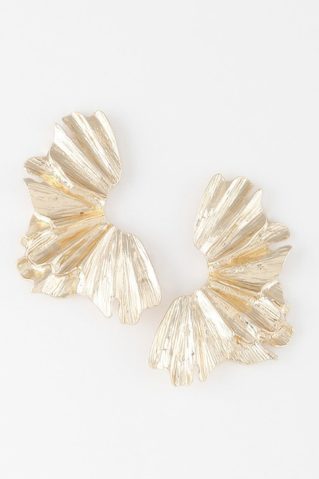 Sculptural flower gold drop earrings, textured petal design, dangling pair