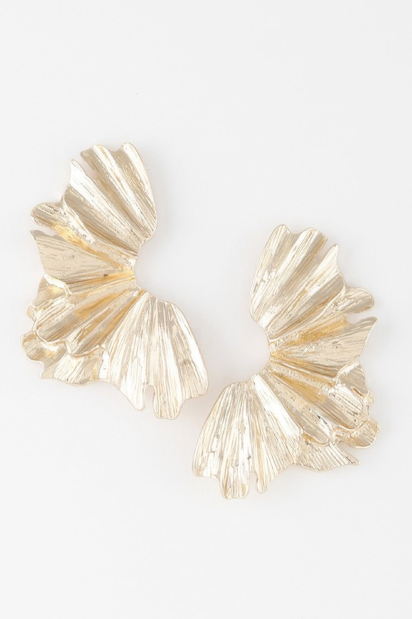 Sculptural flower gold drop earrings, textured petal design, dangling pair