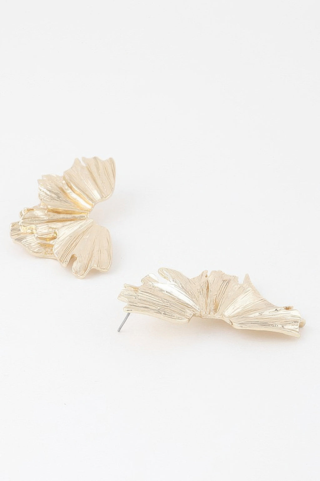 Gold flower drop earrings with metal petal layers and slim post backs