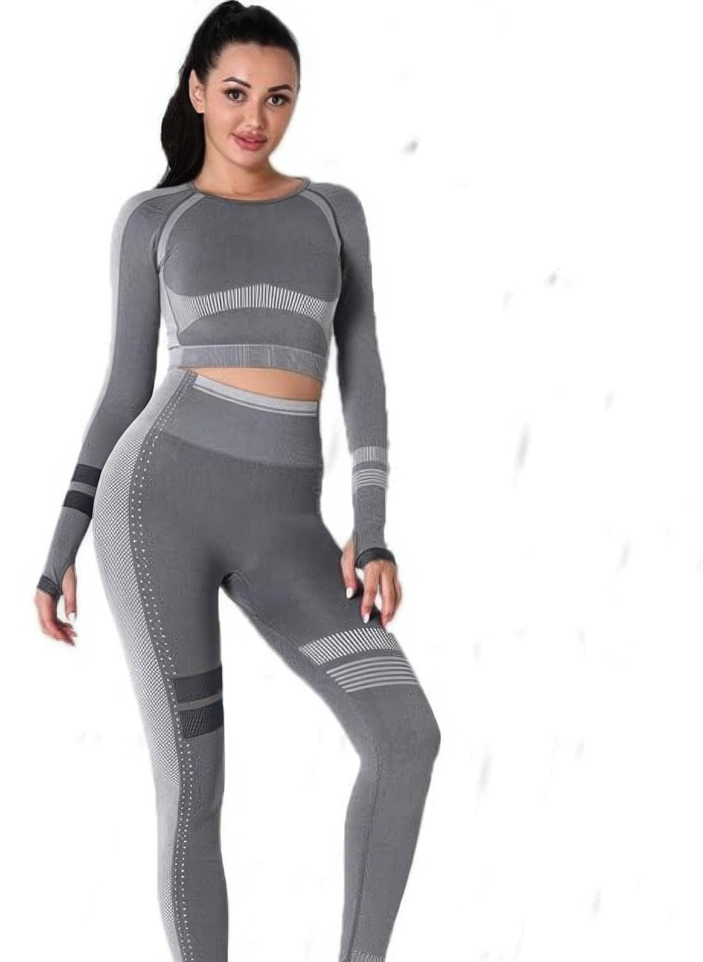 Seamless long sleeve yoga set, grey cropped top and high-waist leggings with panel patterns.
