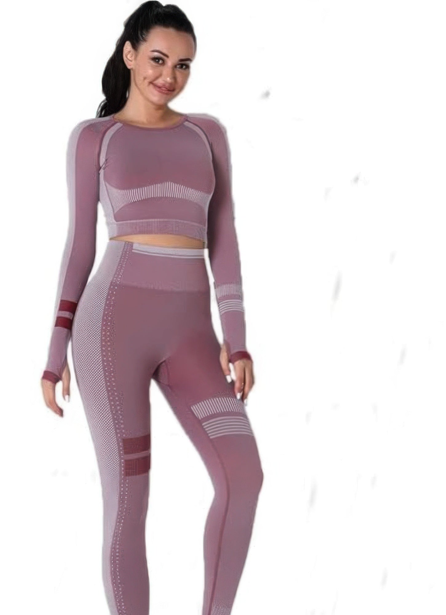 Seamless long-sleeve yoga set, mauve top and high-rise leggings with contrasting seams