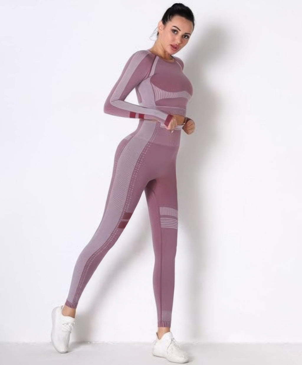 Seamless long-sleeve yoga set, mauve leggings with stripe detailing and long sleeves