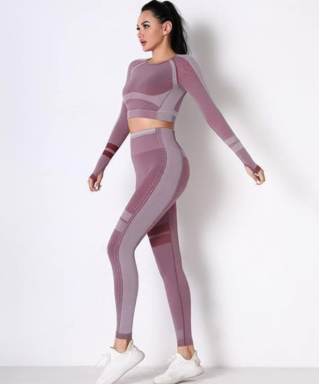 Seamless long-sleeve yoga set, mauve crop top with contrasting side panels and leggings