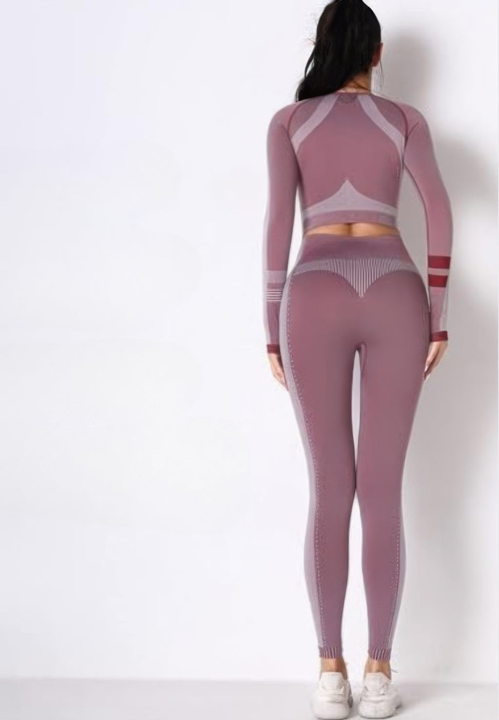 Seamless long-sleeve yoga set, back view of mauve crop top and leggings with paneling