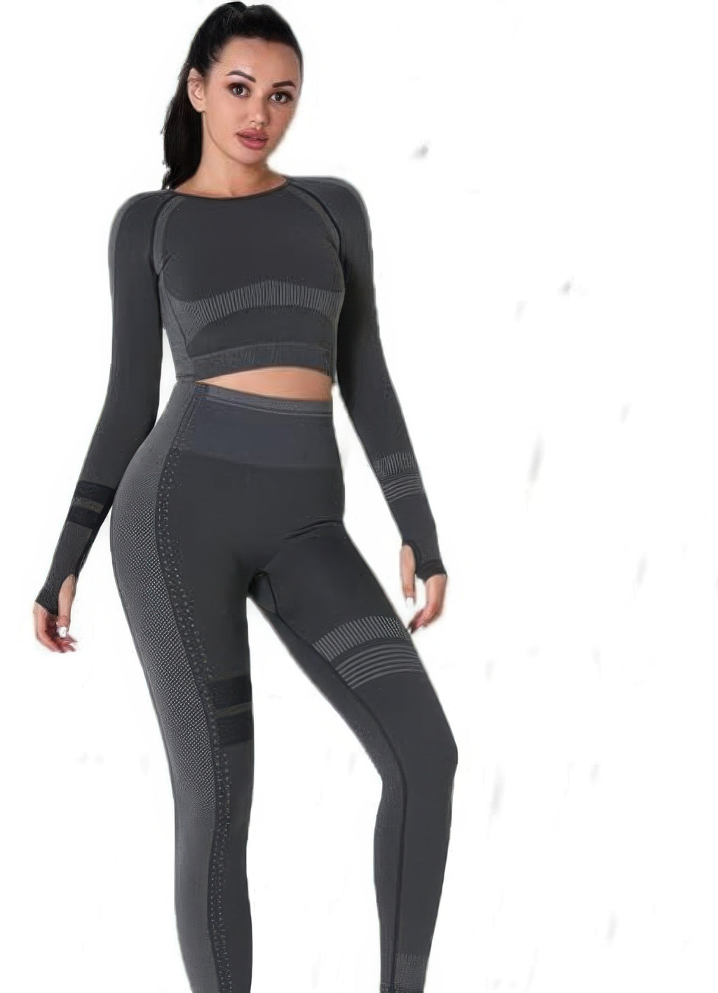 Seamless long-sleeve yoga set with cropped top and high-waist leggings, dark gray