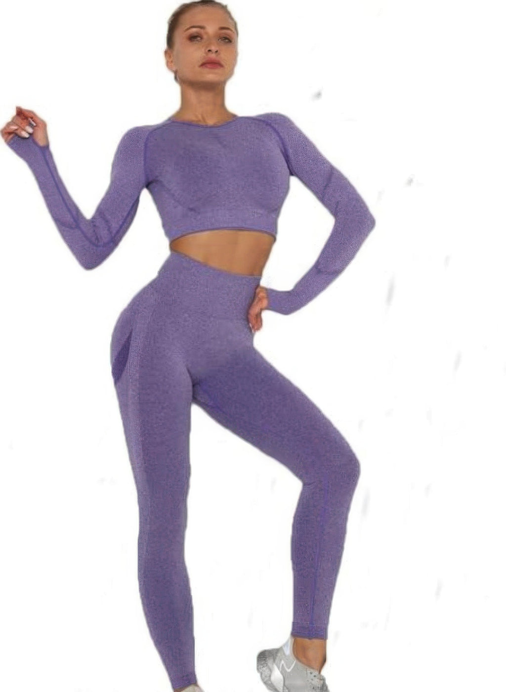Seamless long-sleeve cropped top with matching high-waist leggings, purple