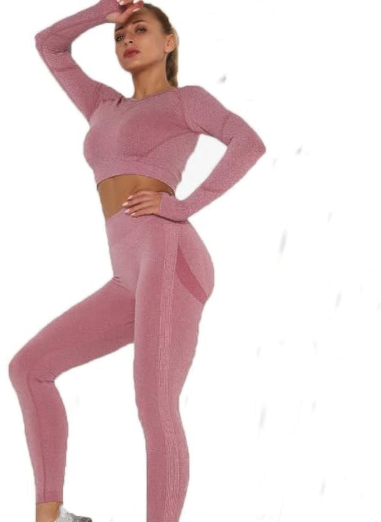 Mauve seamless long-sleeve crop top with fitted high-rise leggings