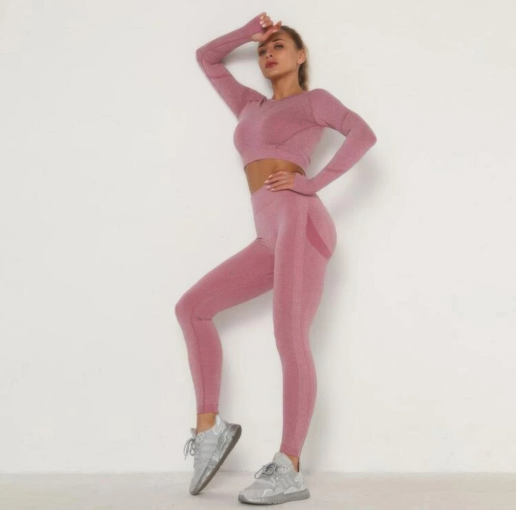 Seamless matching set in mauve: cropped long-sleeve top and leggings