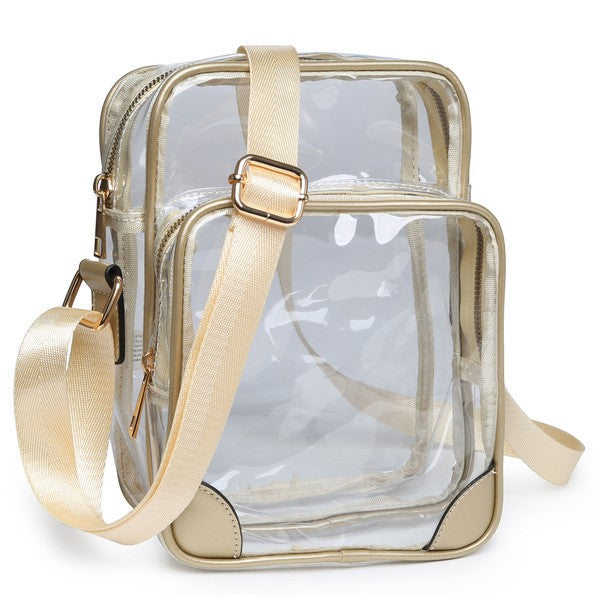 See Thru Multi Compartment Crossbody Bag in Champagne, transparent front pouch, crossbody strap