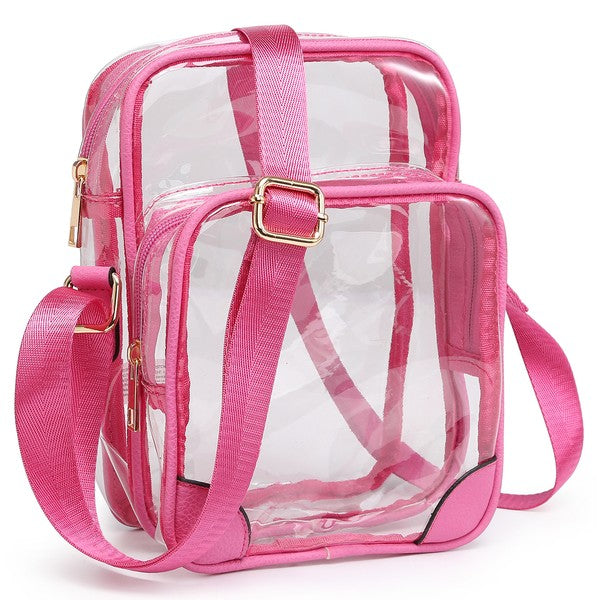 See Thru Multi Compartment Crossbody Bag in Fuchsia, transparent panels, adjustable crossbody strap