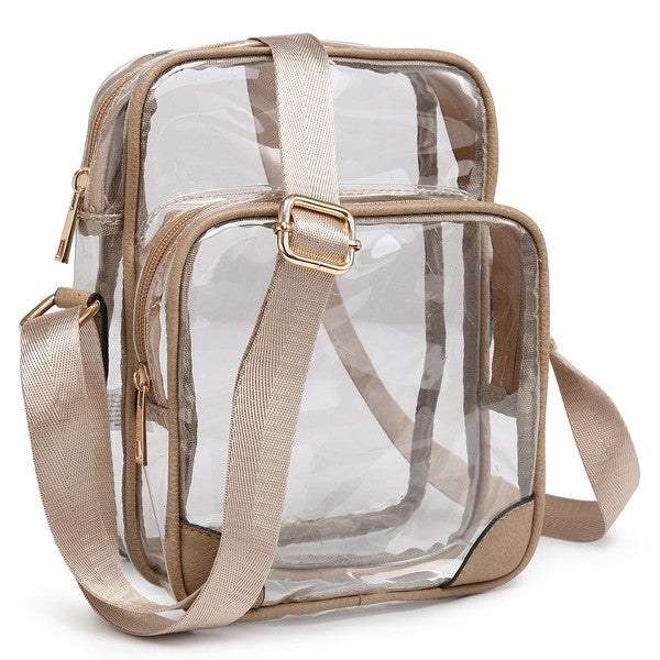See Thru Multi Compartment Crossbody Bag in Taupe, transparent front, crossbody shoulder strap
