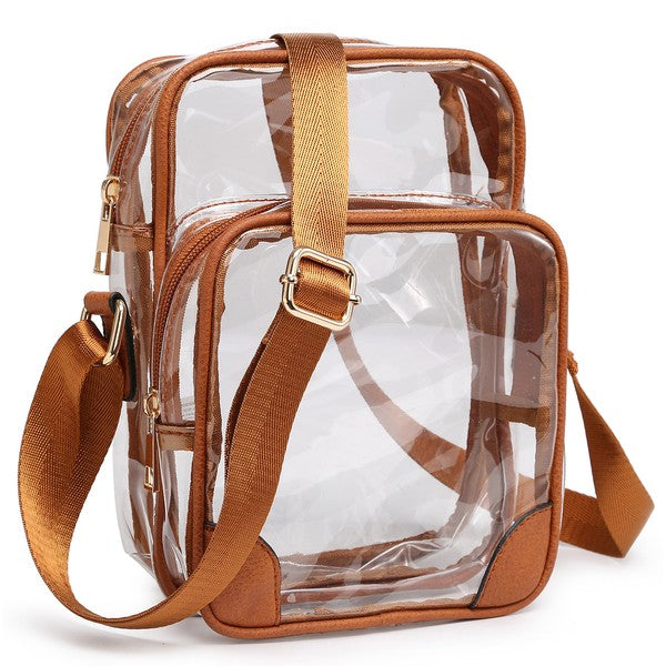 See Thru Multi Compartment Crossbody Bag in Brown, transparent front, adjustable crossbody strap