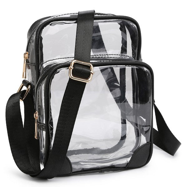 See Thru Multi Compartment Crossbody Bag in Black, transparent front, adjustable crossbody strap