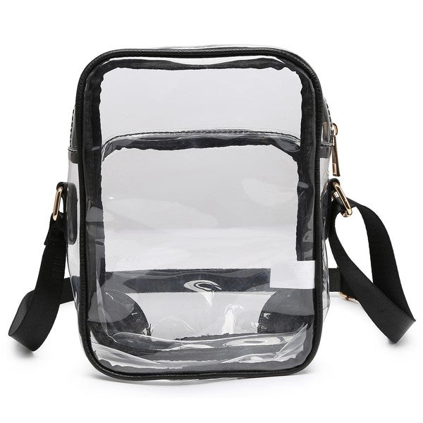 See Thru Multi Compartment Crossbody Bag in Black, front view with transparent window and straps