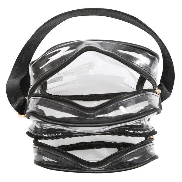 See Thru Multi Compartment Crossbody Bag in Black, close-up of zipper and transparent pocket