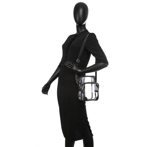 Model wearing See Thru Multi Compartment Crossbody Bag in Black with crossbody strap