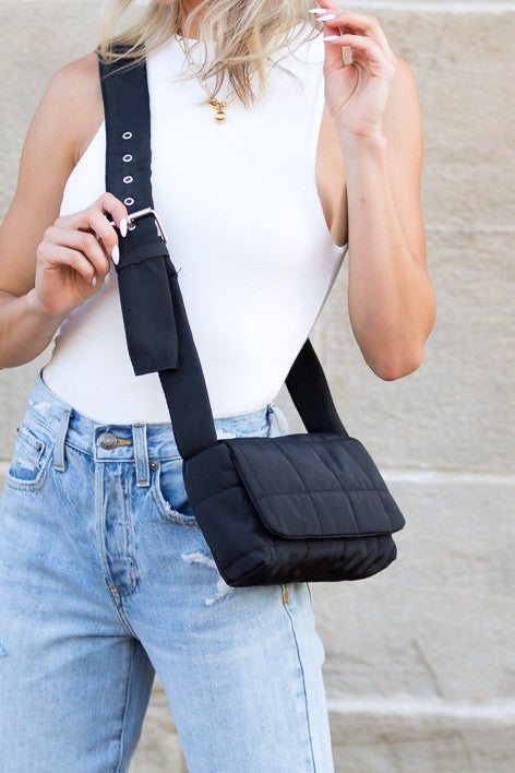 Selma Foldover Puffer Crossbody in Black, quilted flap crossbody bag
