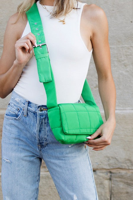 Green Selma Foldover Puffer Crossbody, quilted flap crossbody with adjustable strap