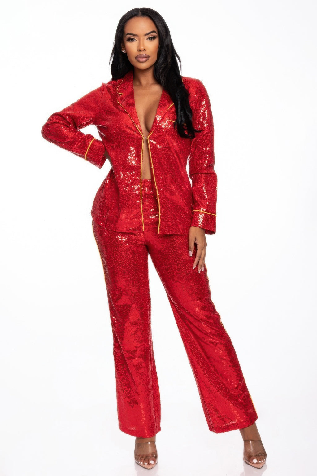 Sequin collared two-piece set, red blazer with gold trim and matching wide-leg pants