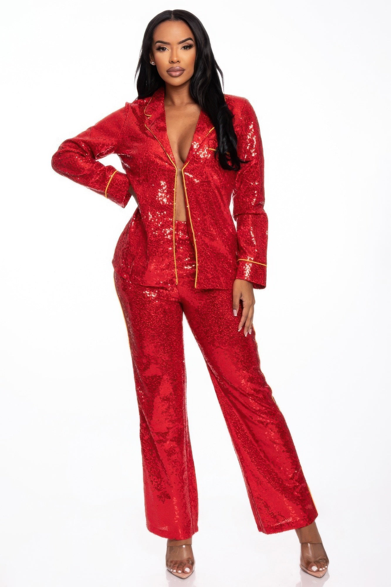 Sequin collared two-piece set, red blazer with gold trim and matching wide-leg pants