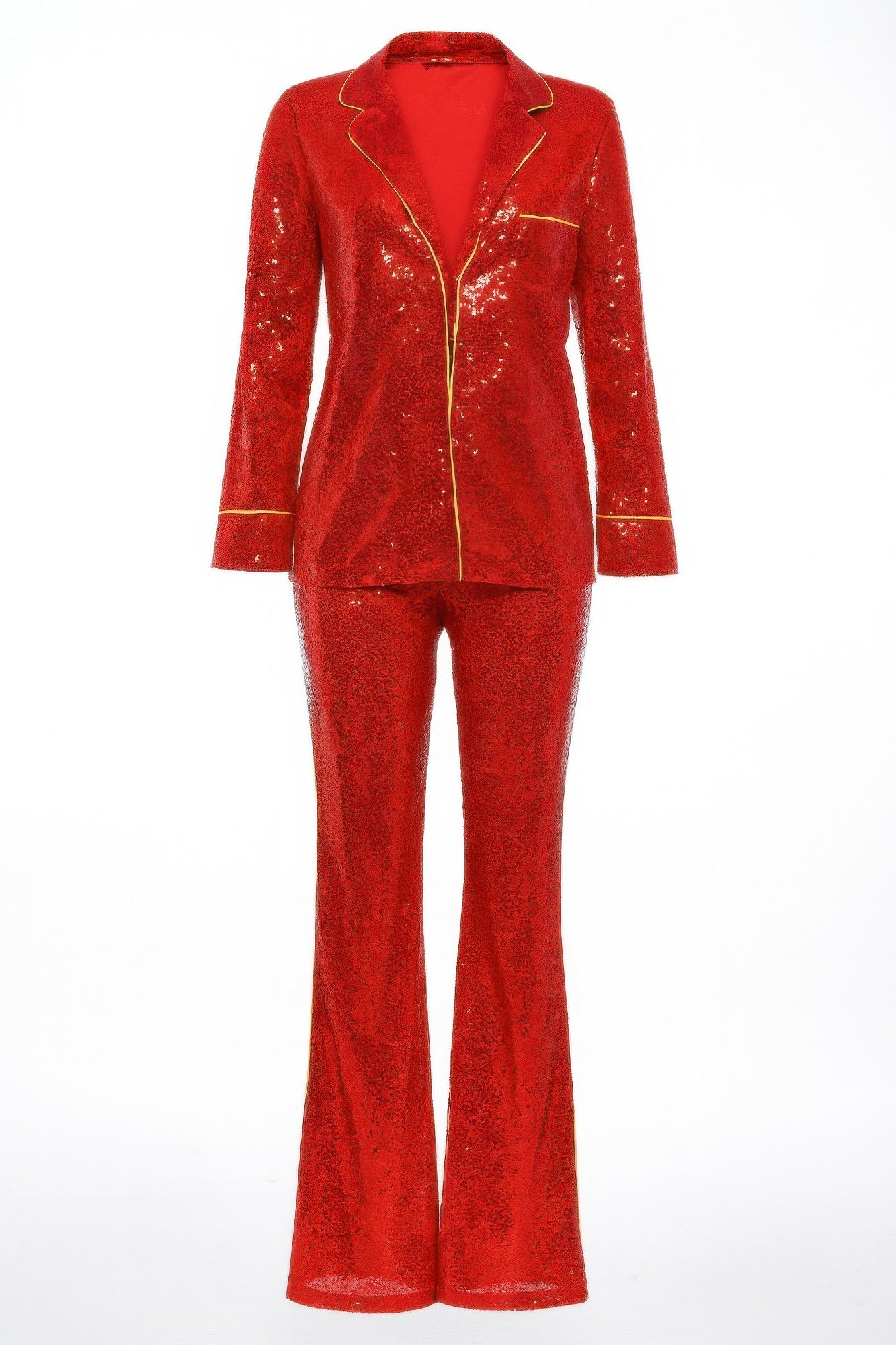 Back view of red sequin blazer and wide-leg pants with gold-trim details