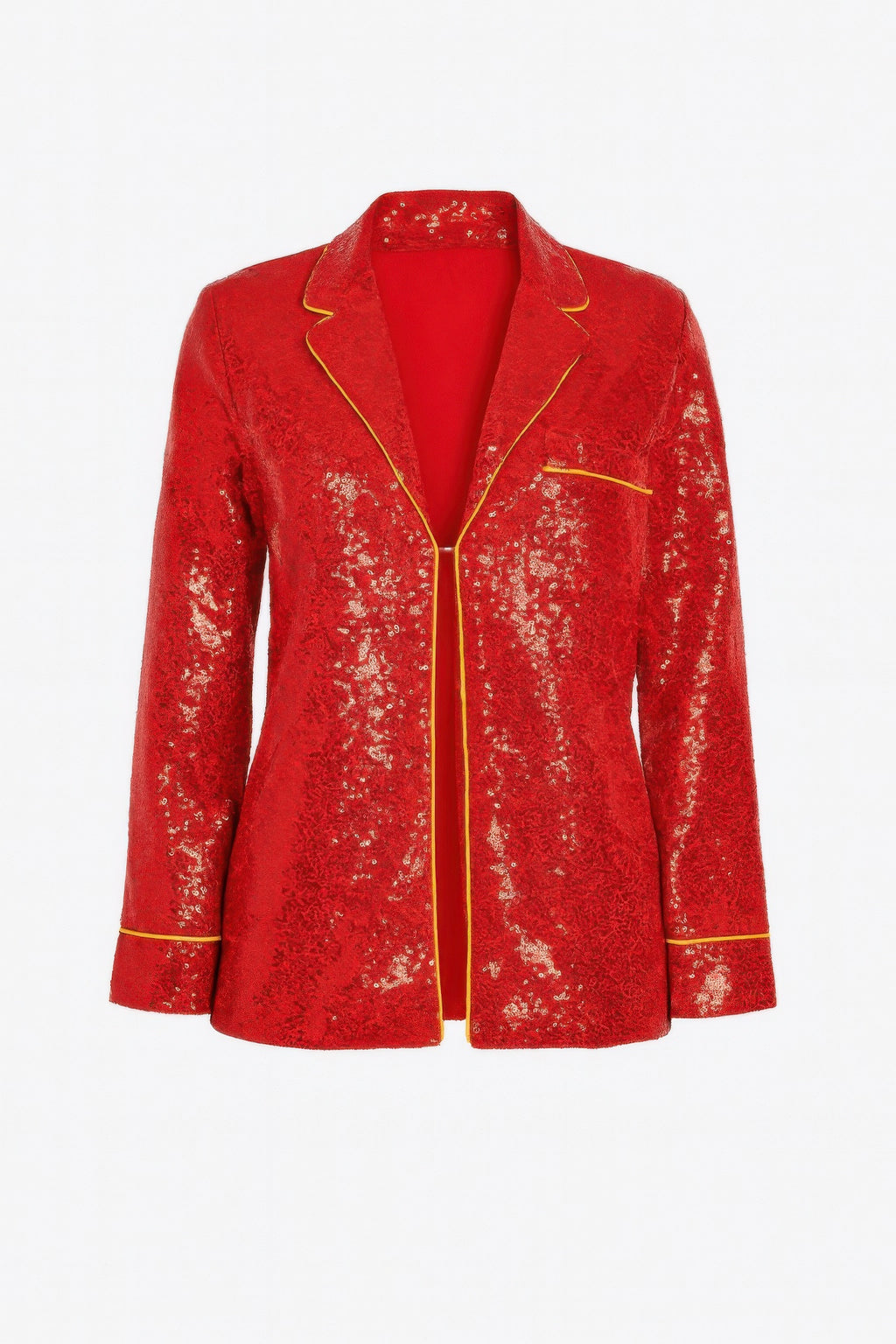 Red sequin blazer top with collared lapels and gold trim piping, front view