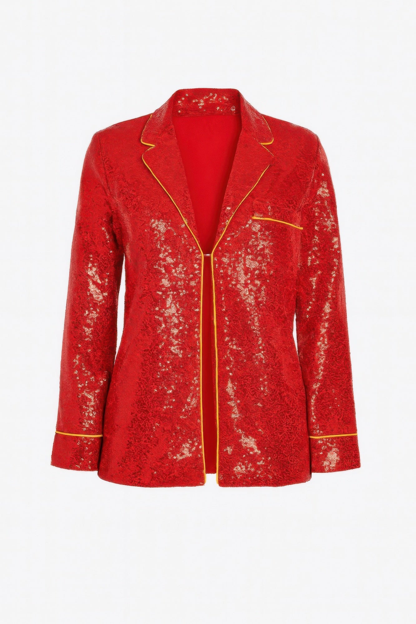 Red sequin blazer top with collared lapels and gold trim piping, front view