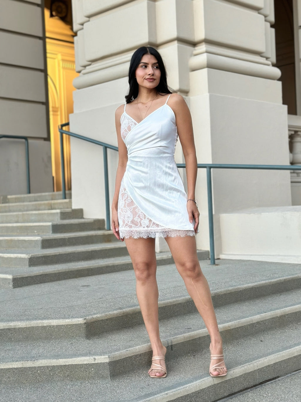 White Satin Wrap Like & Lace Mini Cami Slip Dress | Tigbuls Variety