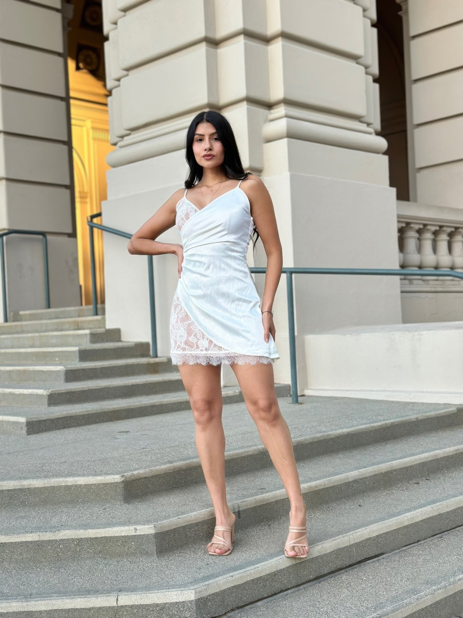 White Satin Wrap Like & Lace Mini Cami Slip Dress | Tigbuls Variety