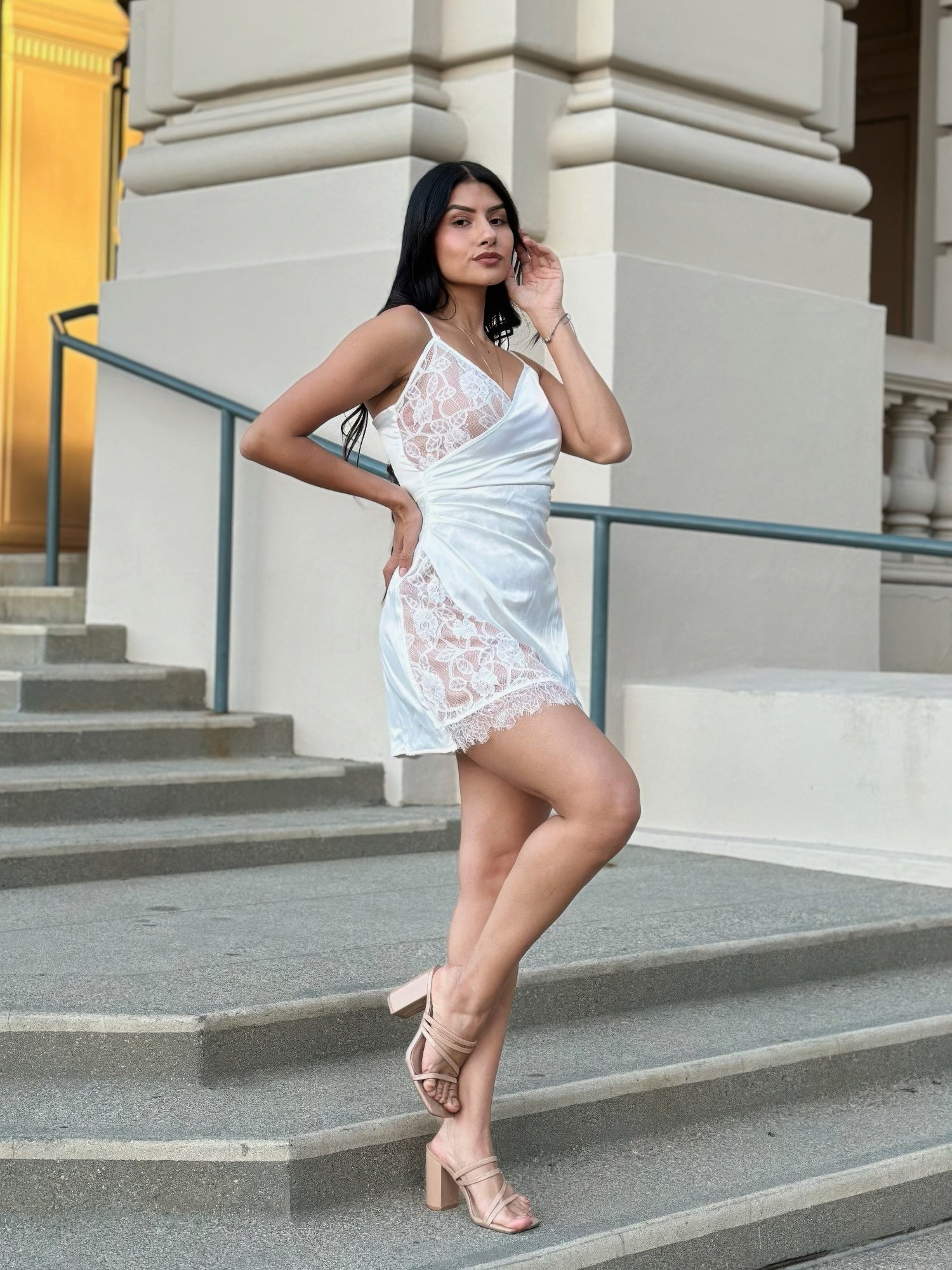 White Satin Wrap Like & Lace Mini Cami Slip Dress | Tigbuls Variety