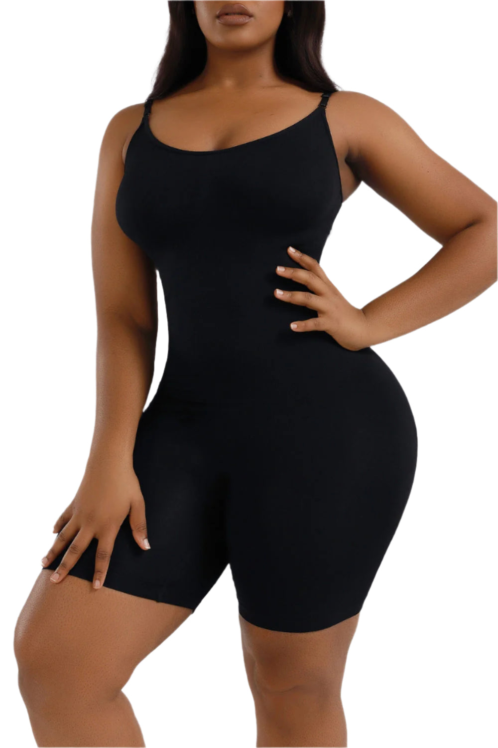 Size XL black body shaping romper with wide straps and short legs