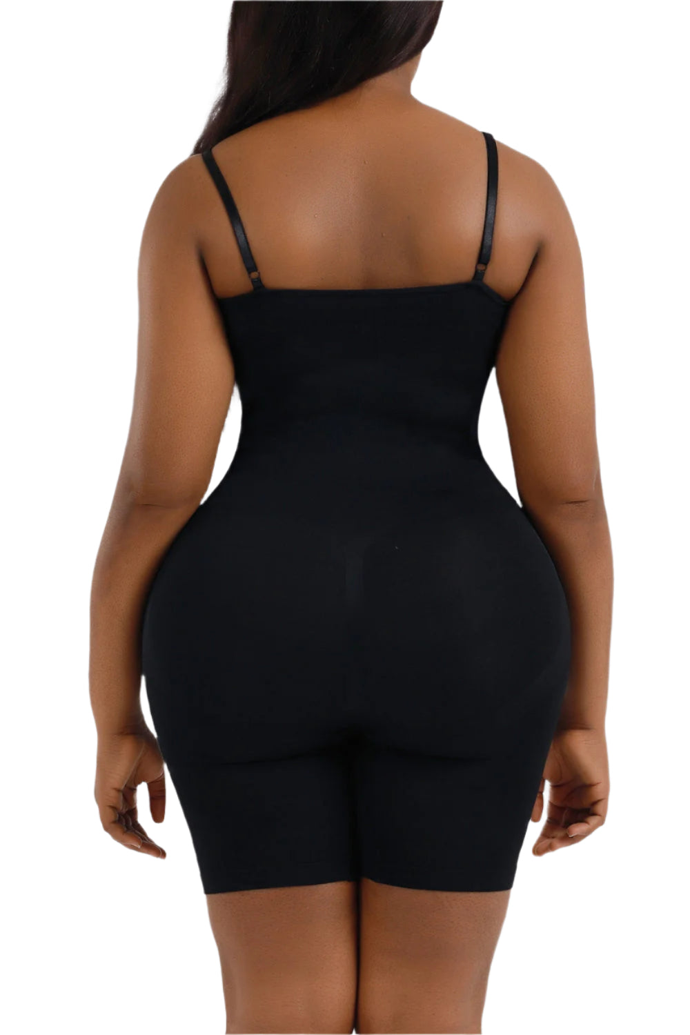 Size XL black body shaping romper, back view with thin shoulder straps