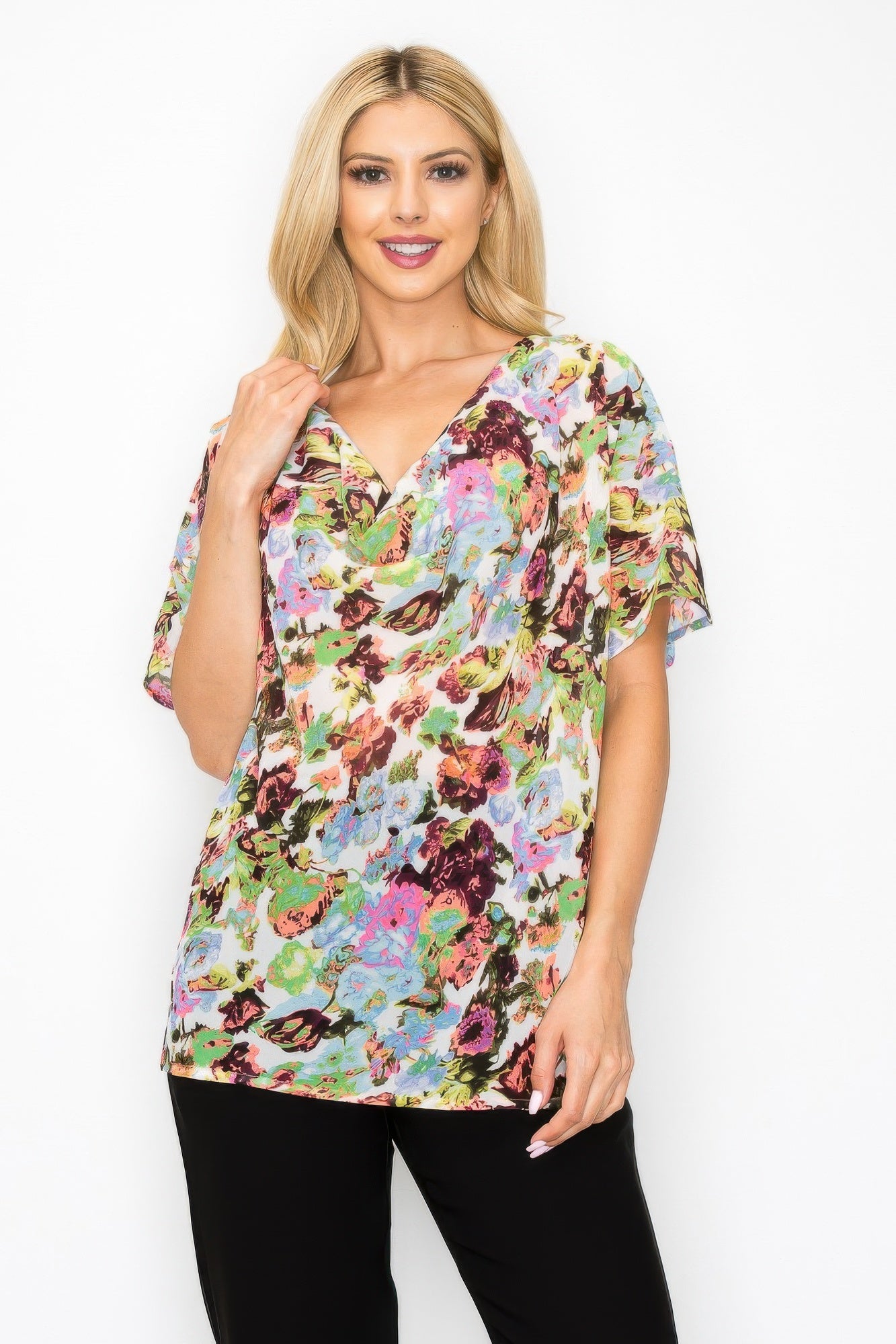 Neon floral cowl neck relaxed top with short sleeves and draped front