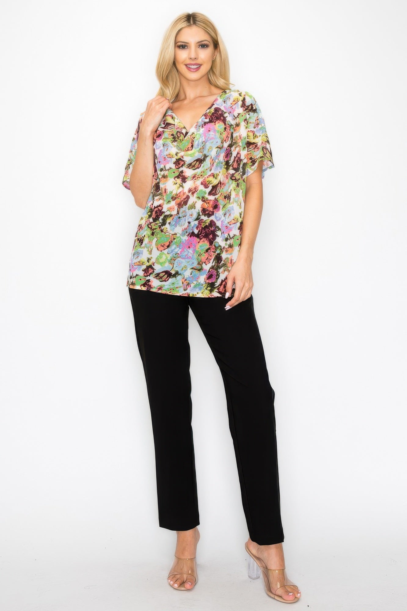 Neon floral cowl neck relaxed top, short sleeves, loose drape fit
