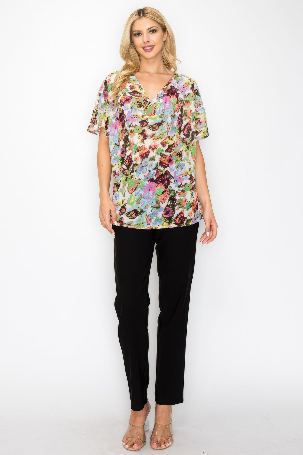 Neon floral cowl neck top with airy drape front and short sleeves