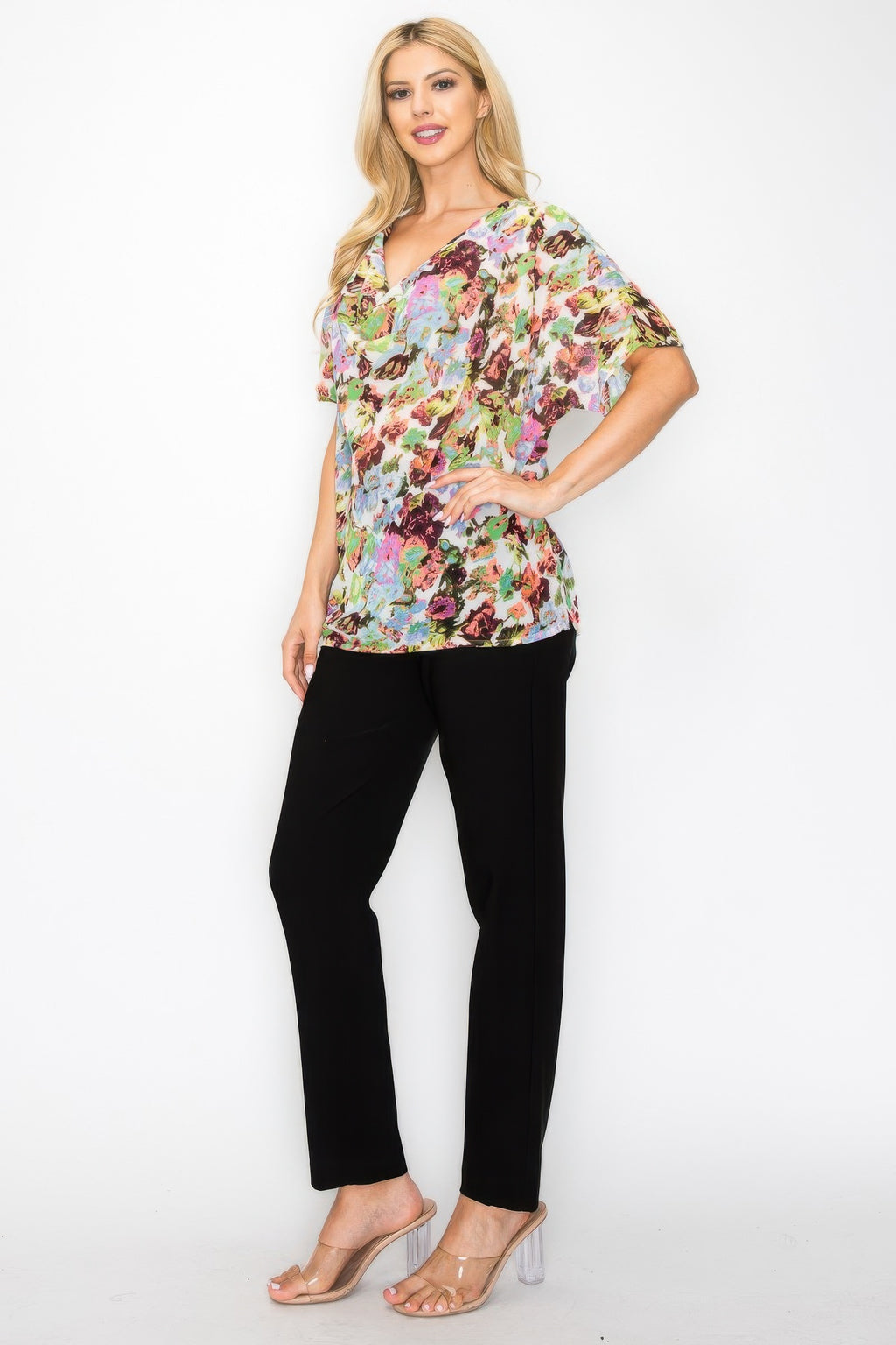 Neon floral cowl neck relaxed top, short sleeves, relaxed tunic length