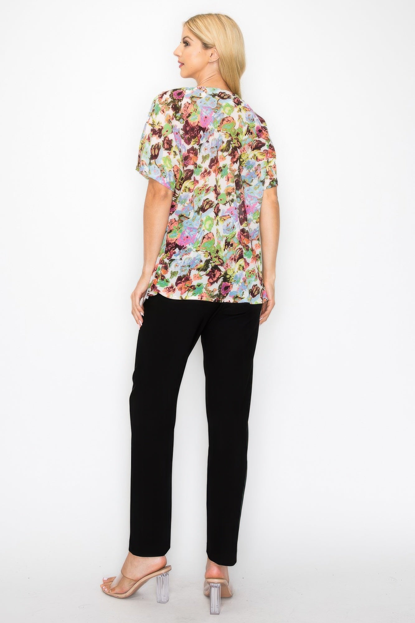 Neon floral cowl neck relaxed top with short sleeves, side view