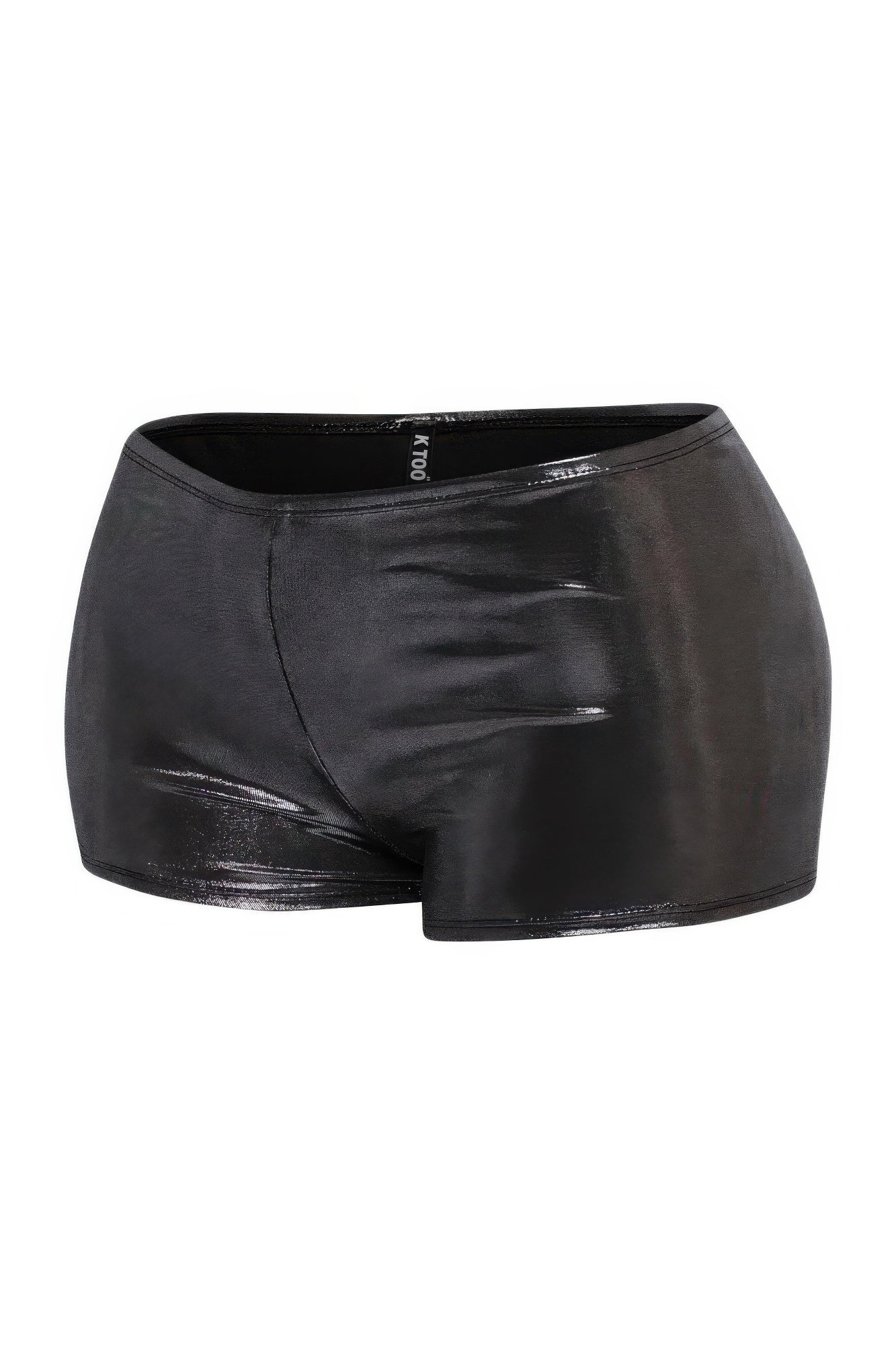 Shimmer high-waisted shorts, black glossy finish, side profile