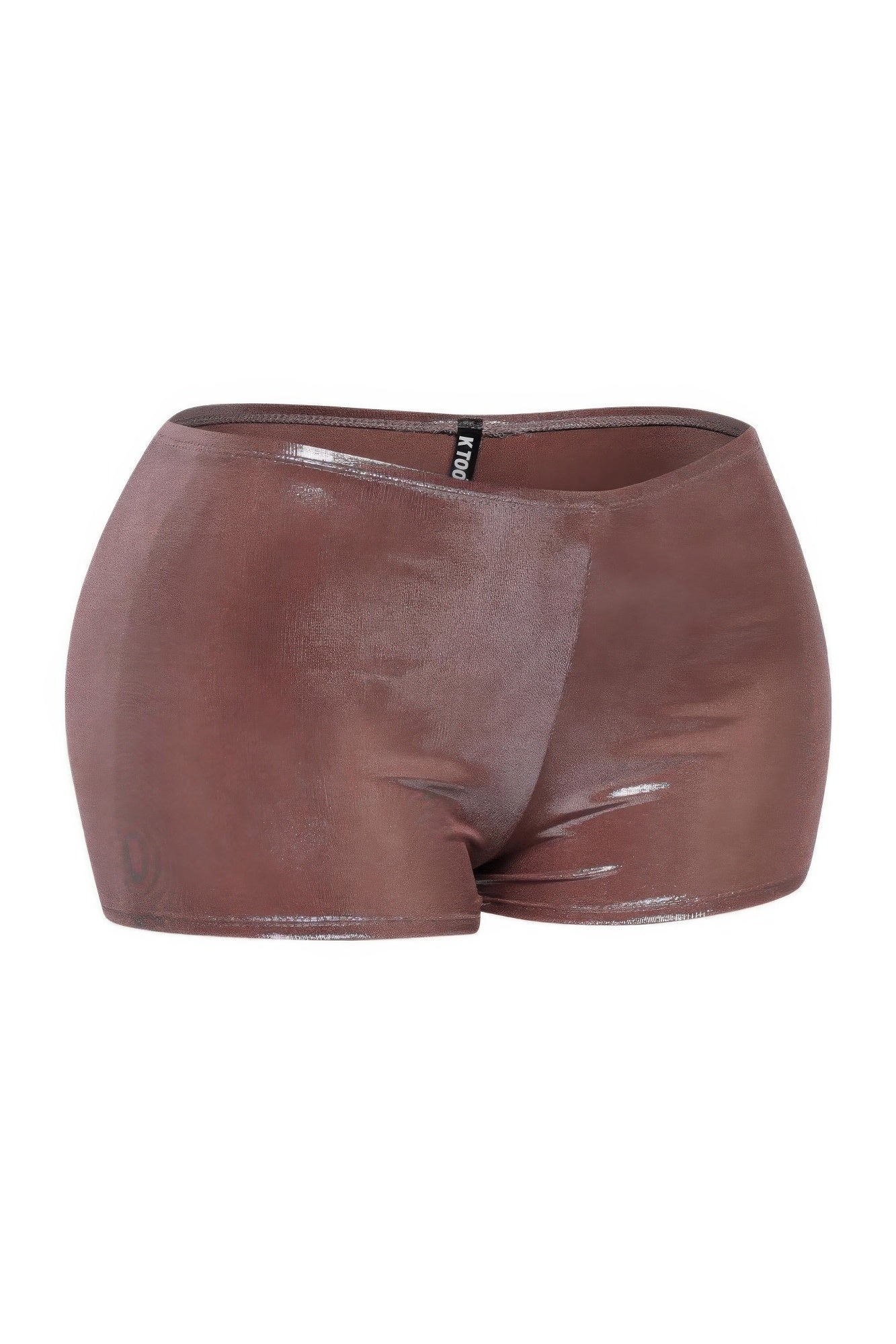 Shimmer high-waisted shorts, mocha glossy finish, angled rear view