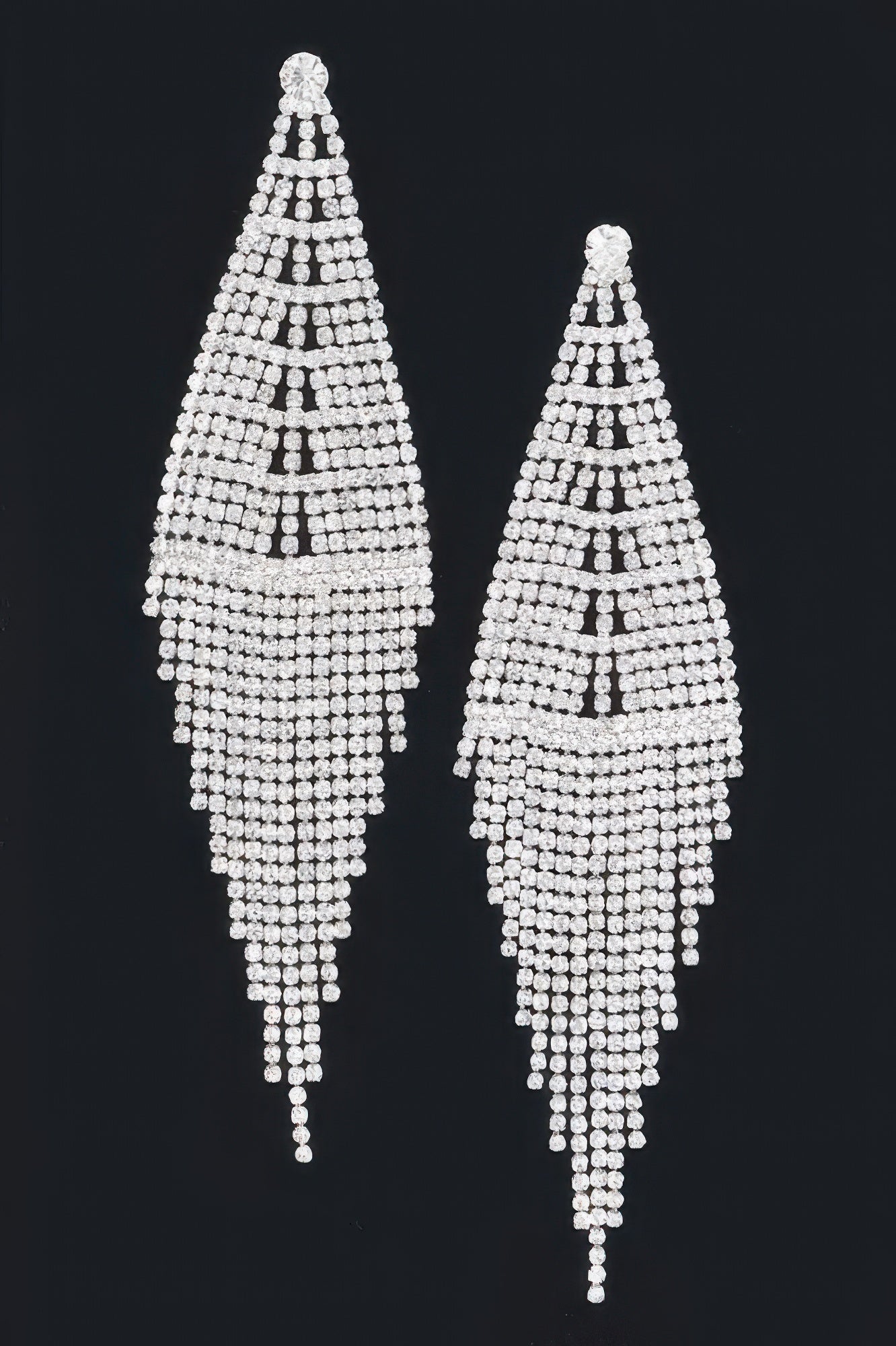 Silver-tone rhinestone tiered drop earrings with long dangling strands