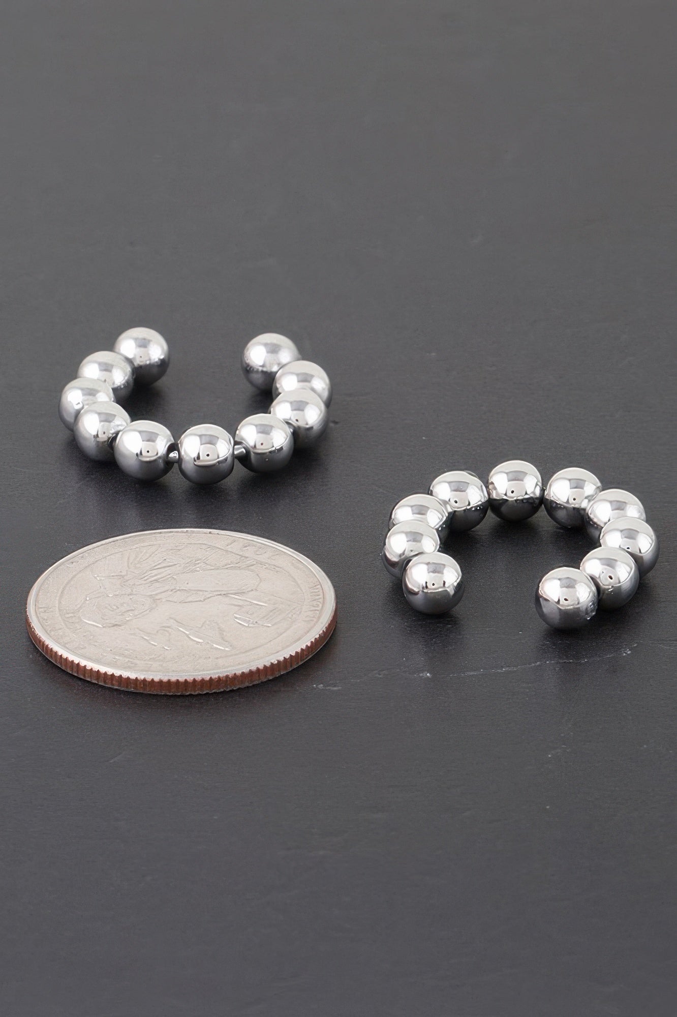 Shiny beaded hoop earrings, silver-tone round bead hoops (ear cuffs)