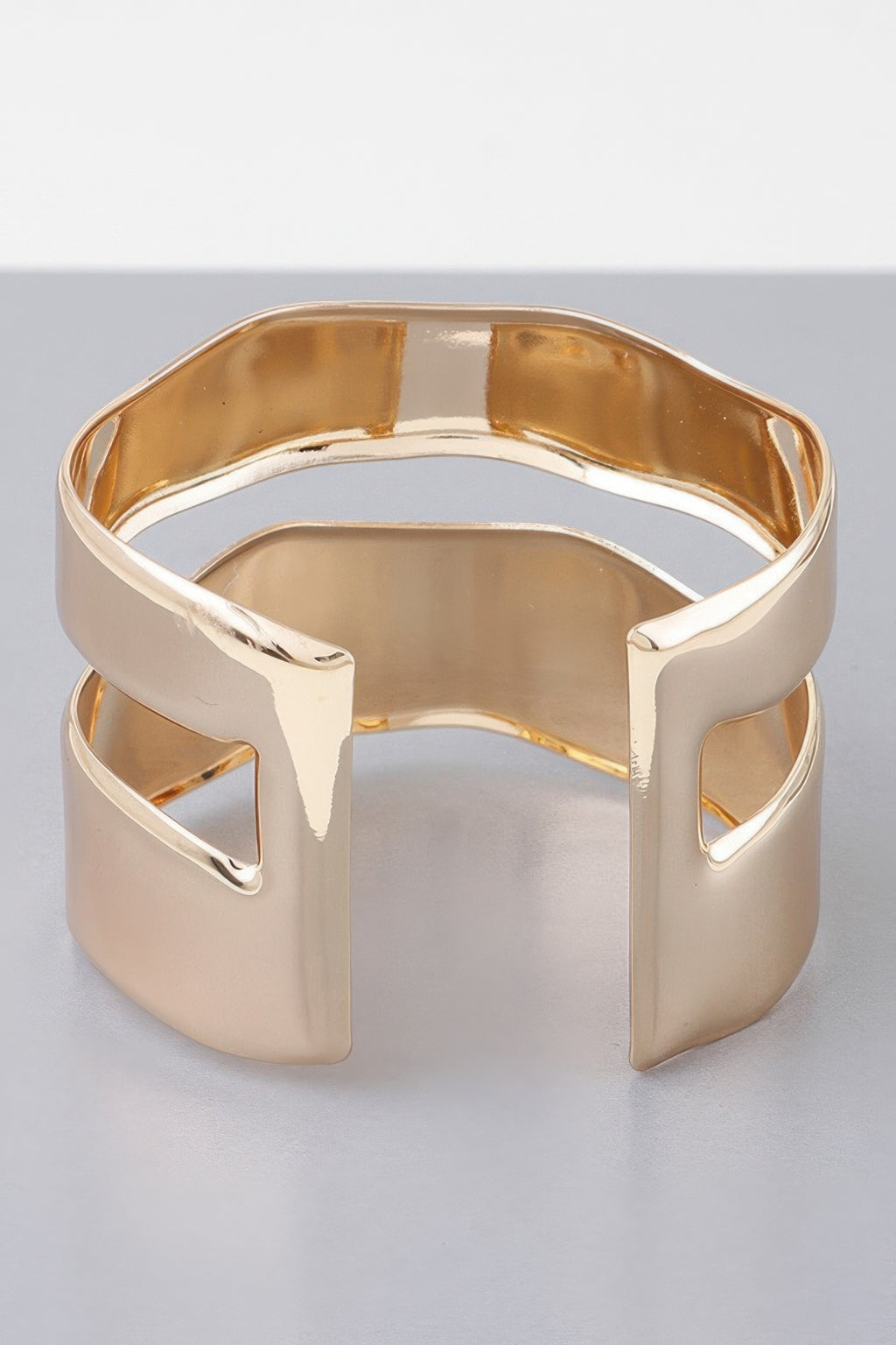 Gold double open cuff bracelet, bold vertical notch cutouts
