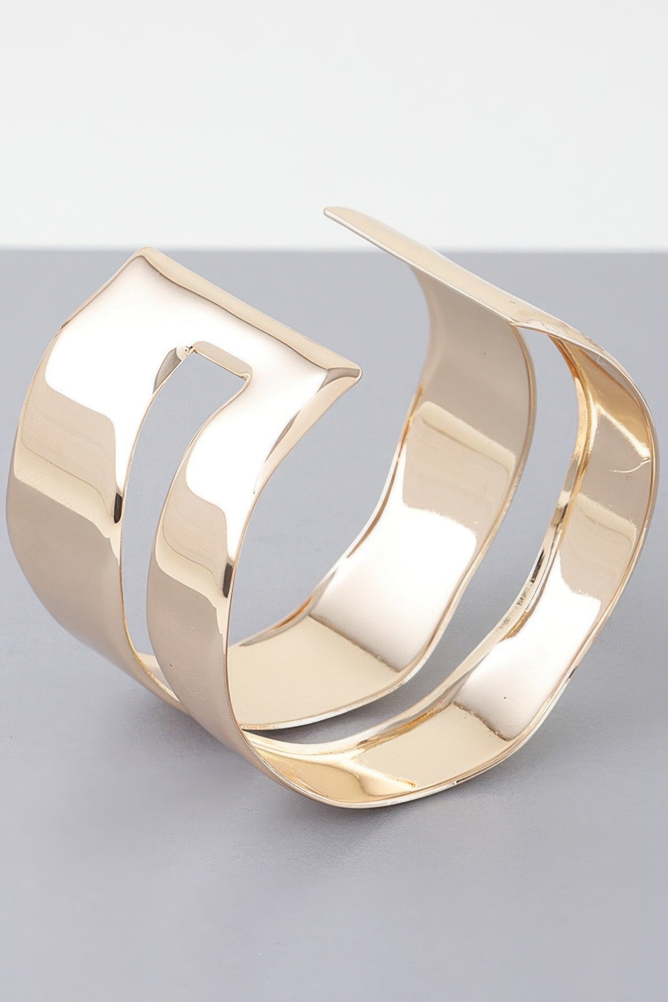 Gold double open cuff bracelet, curved chunky mirror-finish links